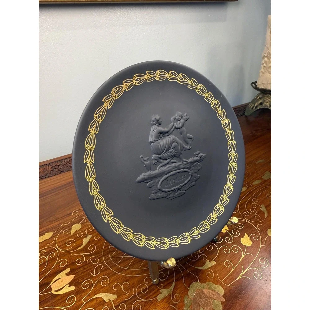 Vintage Wedgwood Mother Plate • Black Basalt Jasperware Gold Relief